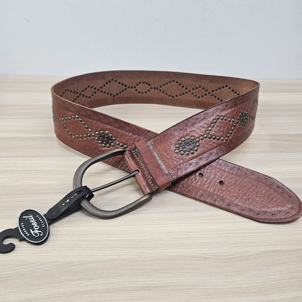 Western Boho Waist Belt Women M Brown FOSSIL Studded Tooled Leather Brass Buckle